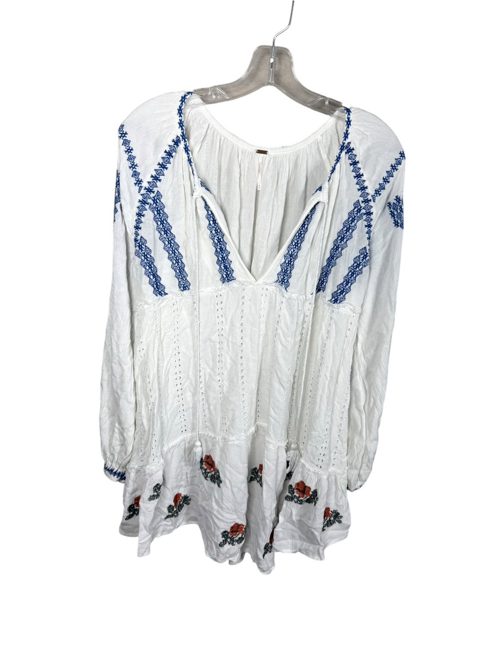 Free People White Tunic with Blue Trim and Floral Hem